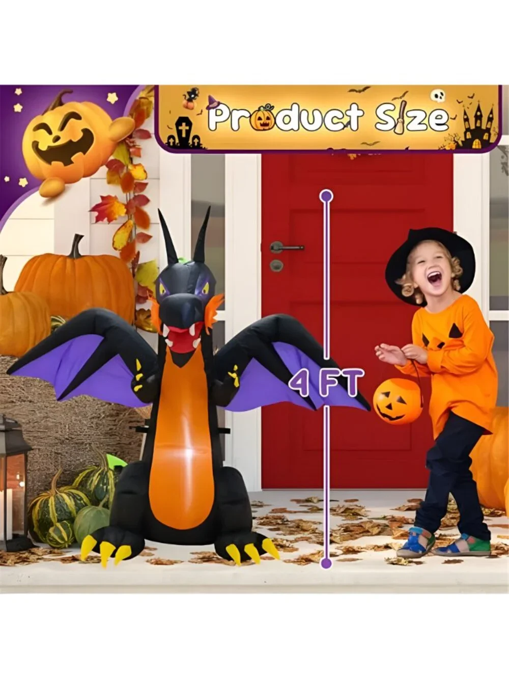 4FT Purple Dinosaur Halloween Inflatable Decor with LED Lights